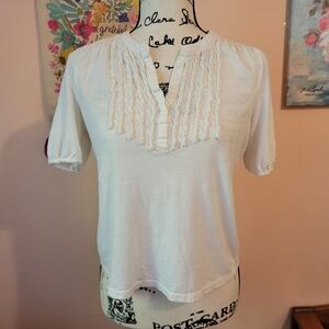 Staring At Stars Vintage White Ruffled Women's Cropped Top, Button Sleeve, Small